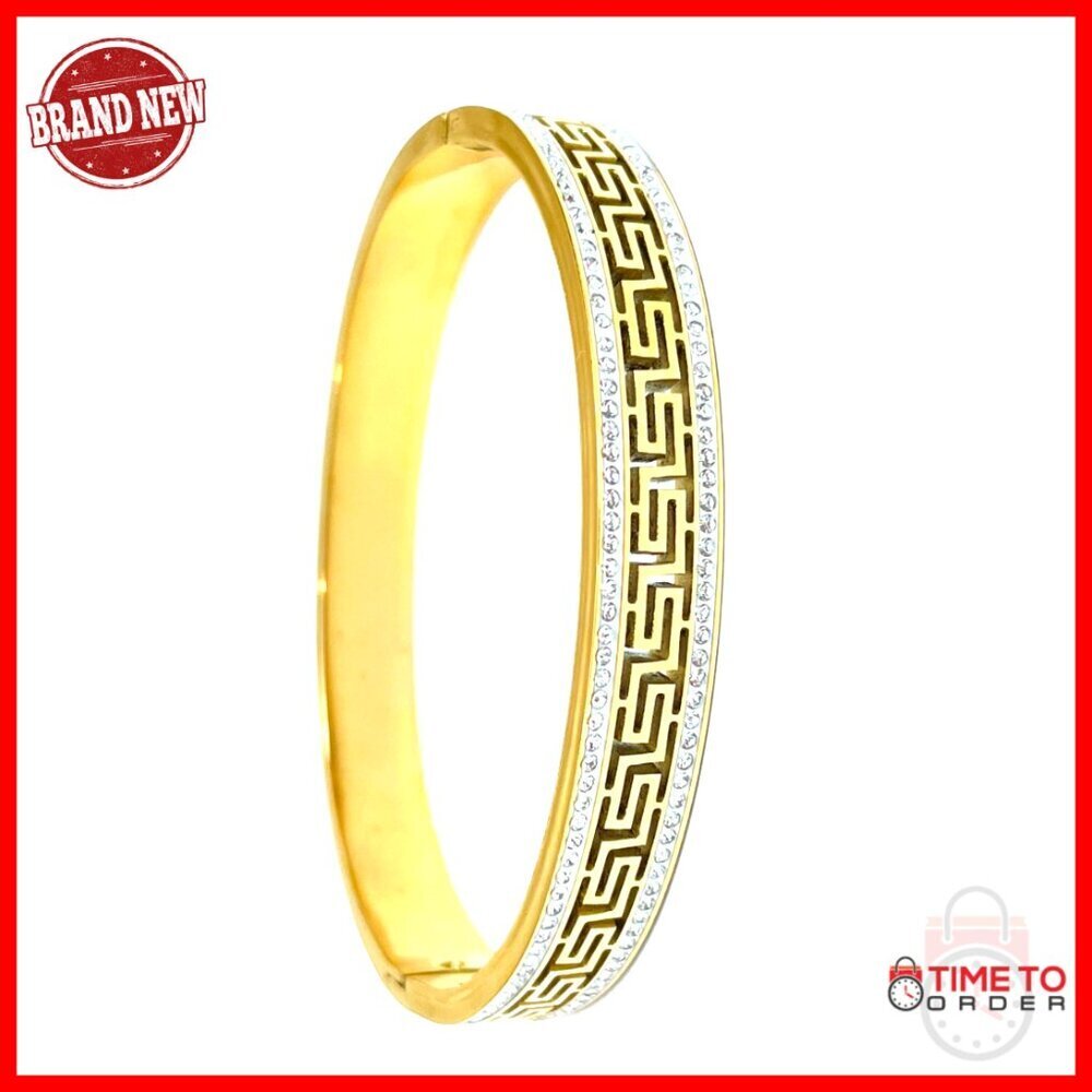 Greek Key Meander Bracelet Bangle Handmade 18k Gold Vermeil Austrian Crystal